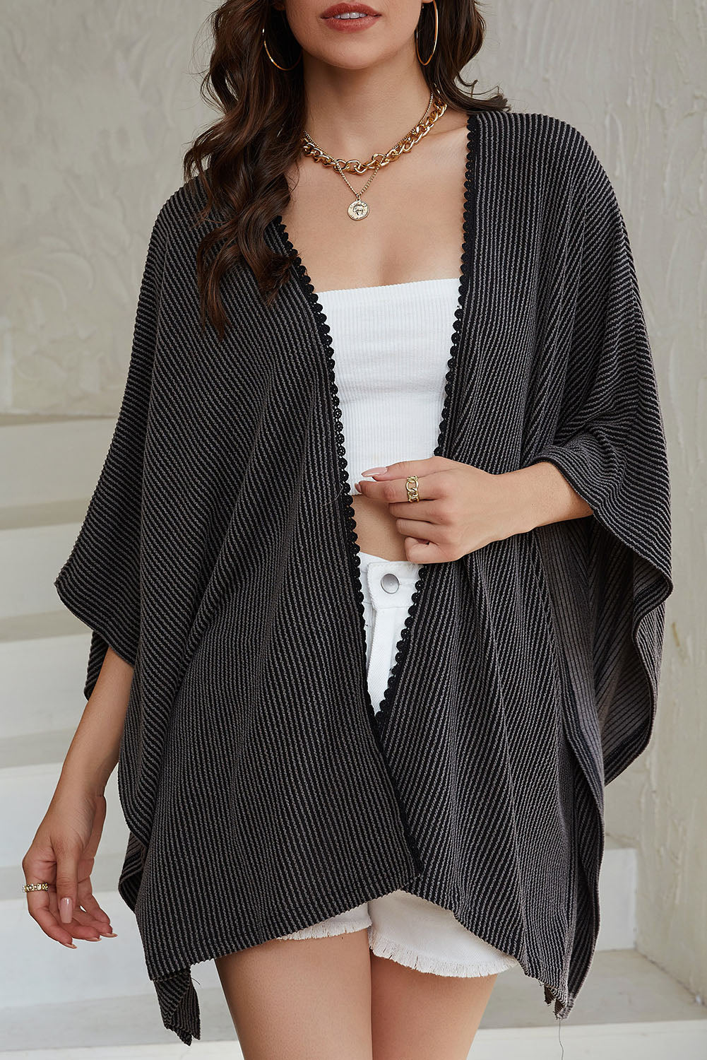 Lace Trim Ribbed Oversize Kimono