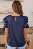 Dark Blue Ruched Puff Short Sleeve Satin Blouse