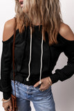 Black Exposed Seam Cold Shoulder Drawstring Hoodie