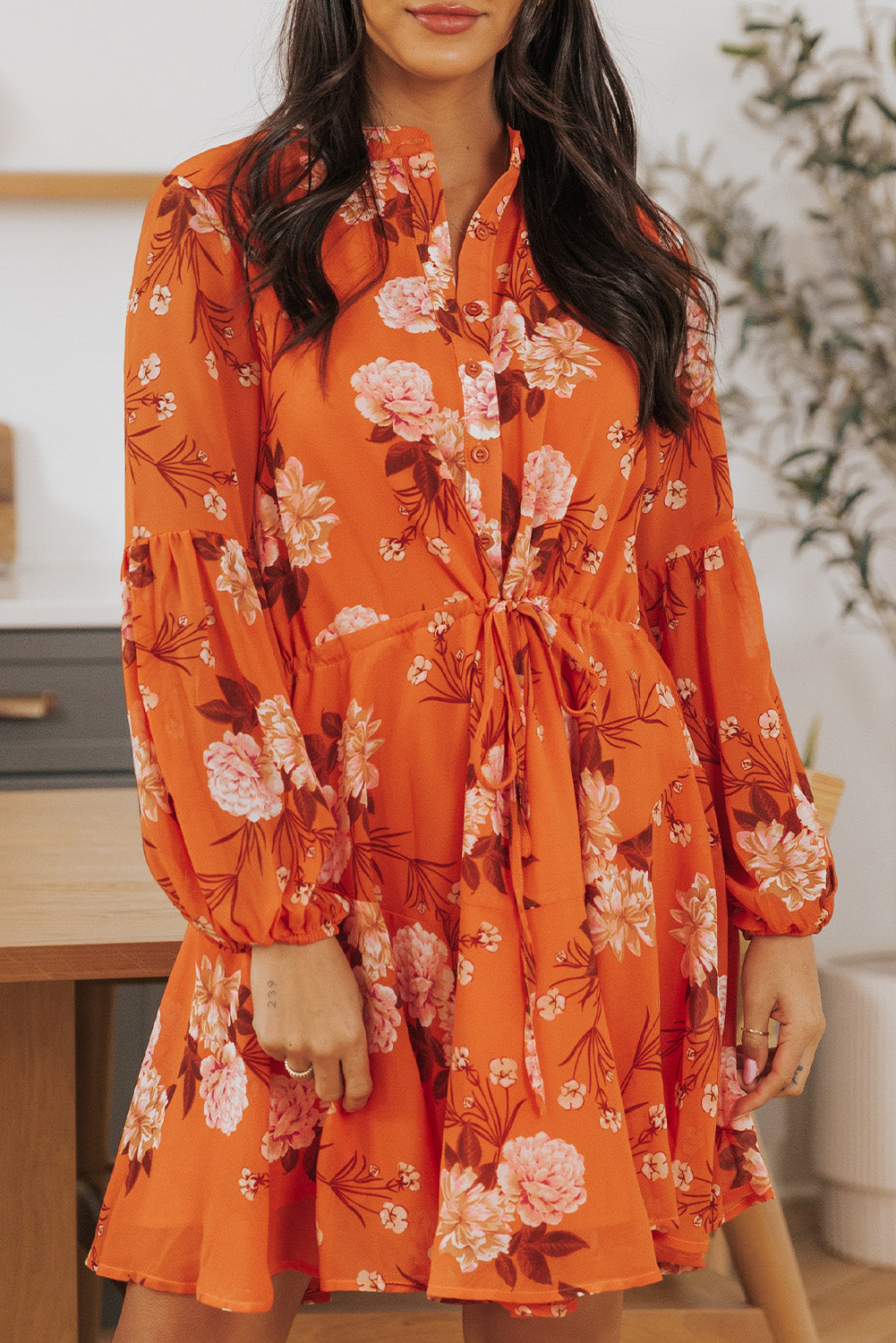 Vintage Floral Print Drawstring Flowy Dress