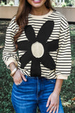 Black white Striped Big Flower Patched 3/4 Sleeve Top