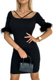 Ribbed Off Shoulder Feather Cuff Bodycon Dress