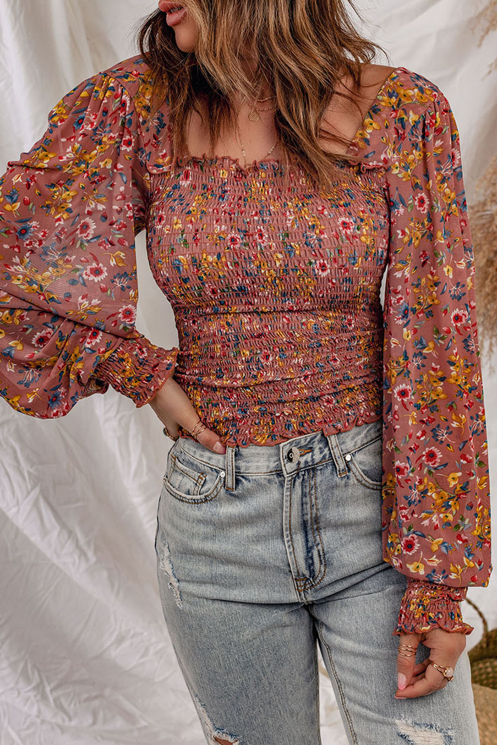 Floral Print Smocked Long Sleeve Top