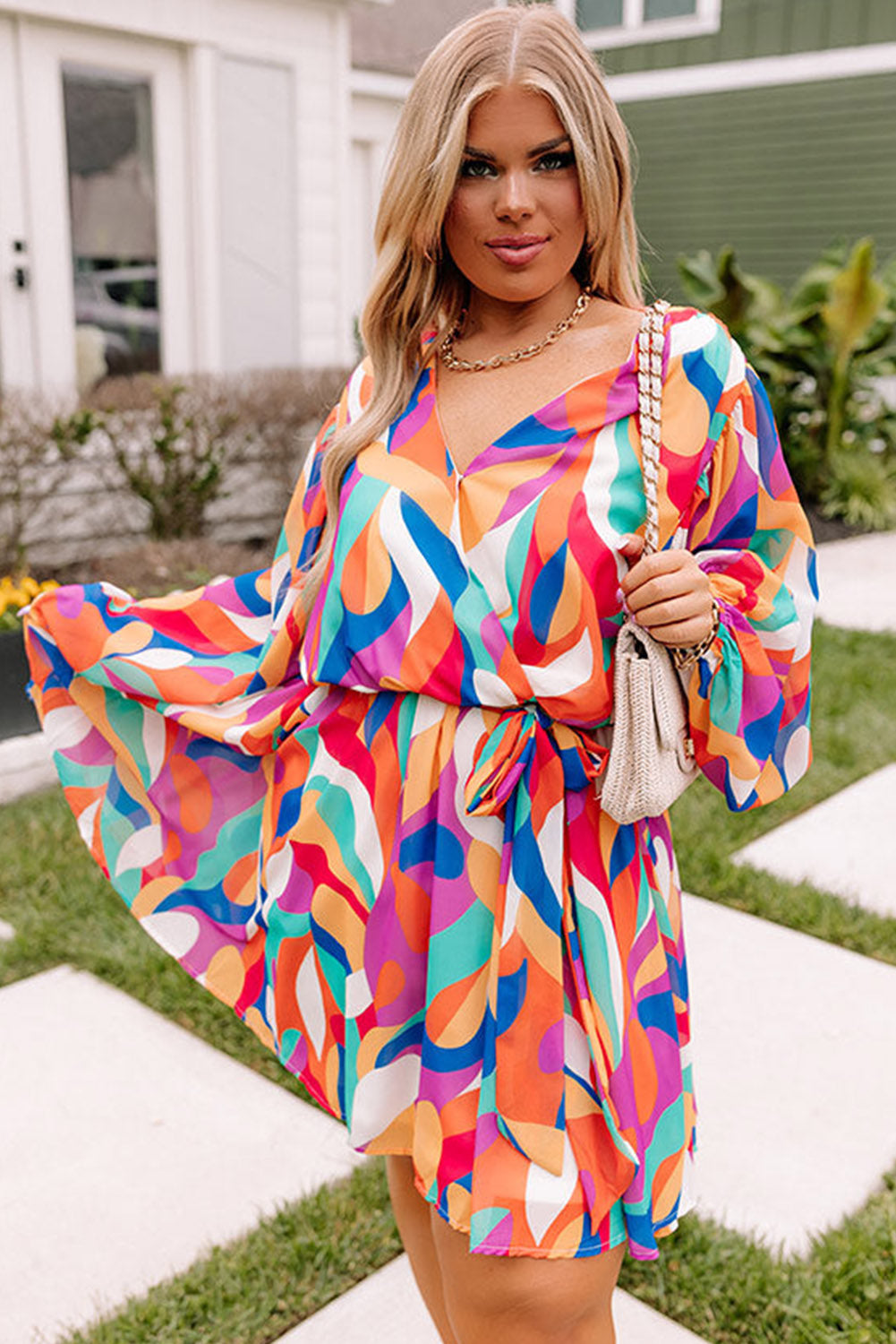 Abstract Printed Belted Puff Sleeve Mini Dress