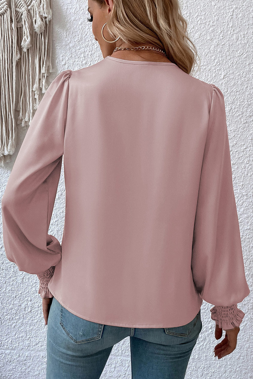 Solid Surplice Neck Shirred Cuffs Draped Blouse