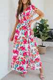 Wrap V Neck Short Sleeve Floral Maxi Dress