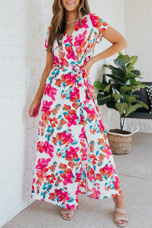 Robe longue florale à manches courtes et col en V Rose