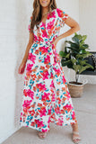 Robe longue florale à manches courtes et col en V Rose