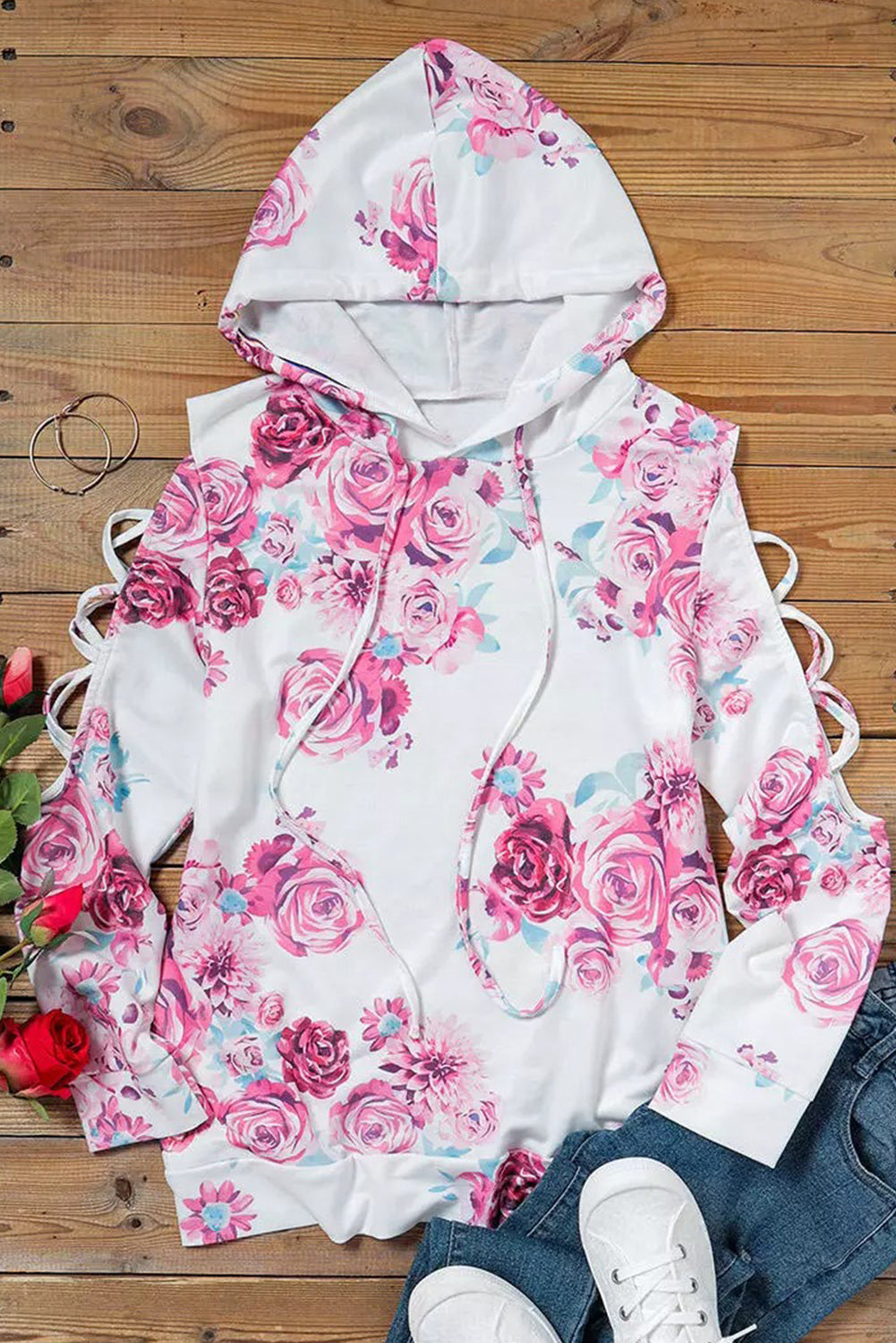 Floral Print Criss-Cross Cold Shoulder Hoodie