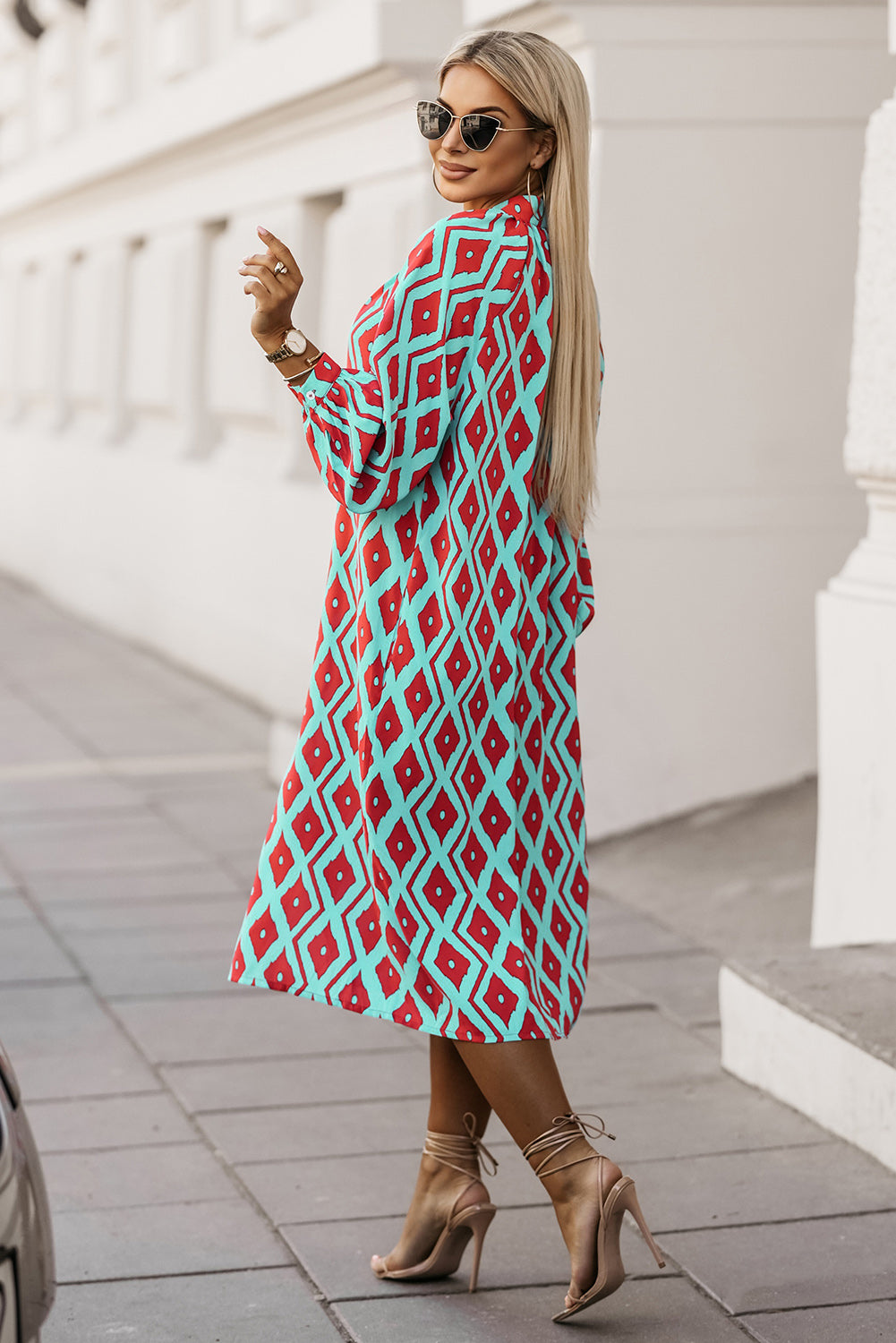 Western Geometric Print Split Buttoned Shirt Dress