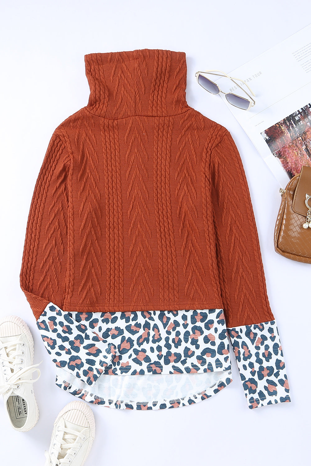 Leopard Patchwork Cowl Neck Knit Top