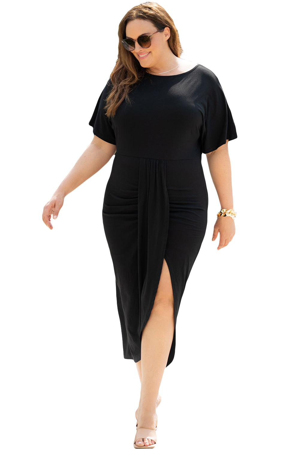 Side Split High Waist Short Sleeve Plus Size Maxi Dress