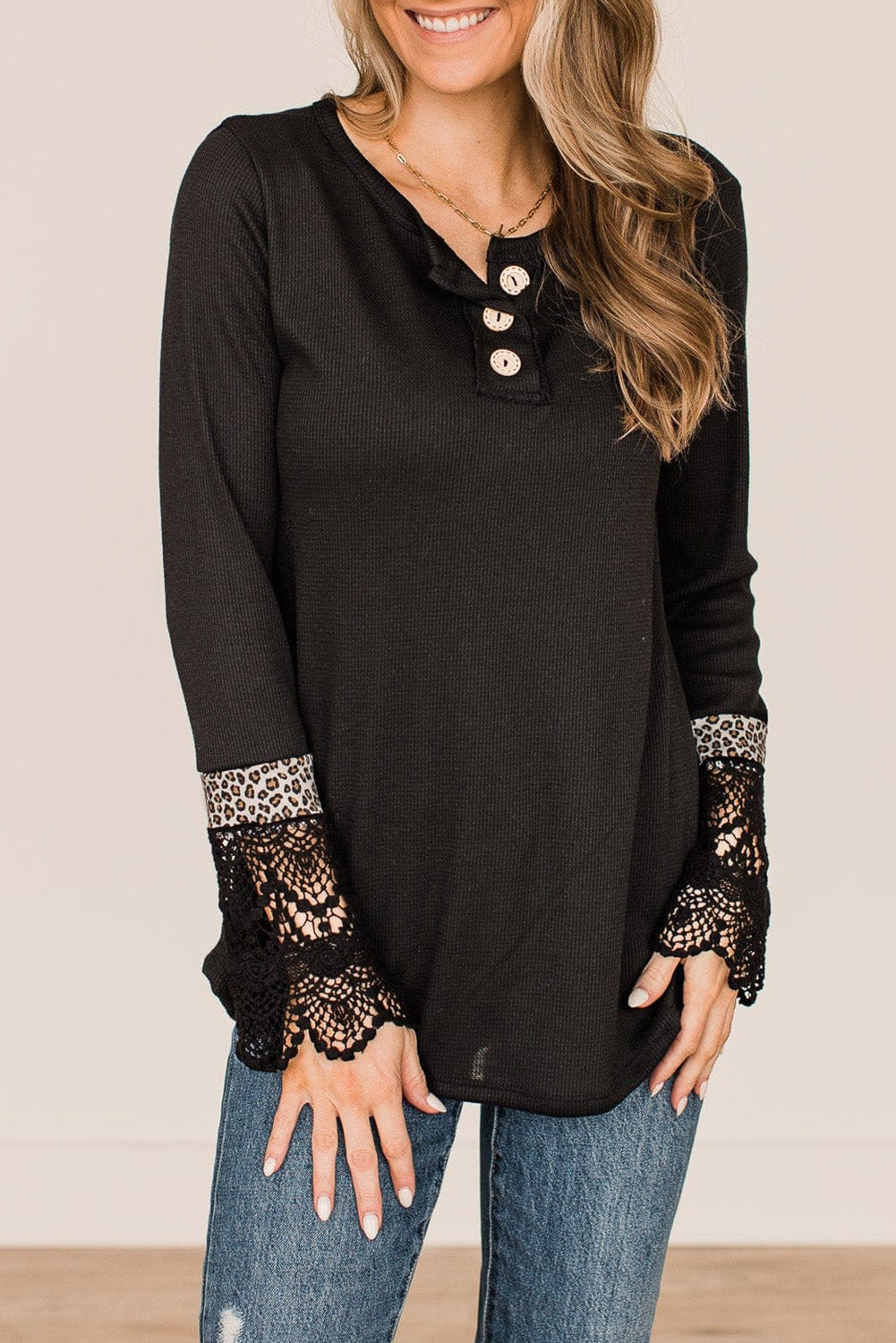 Lace Leopard Splicing Buttoned Knit Top