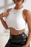 Rhinestone Fringe Zip Back Round Neck Cropped Tank Top