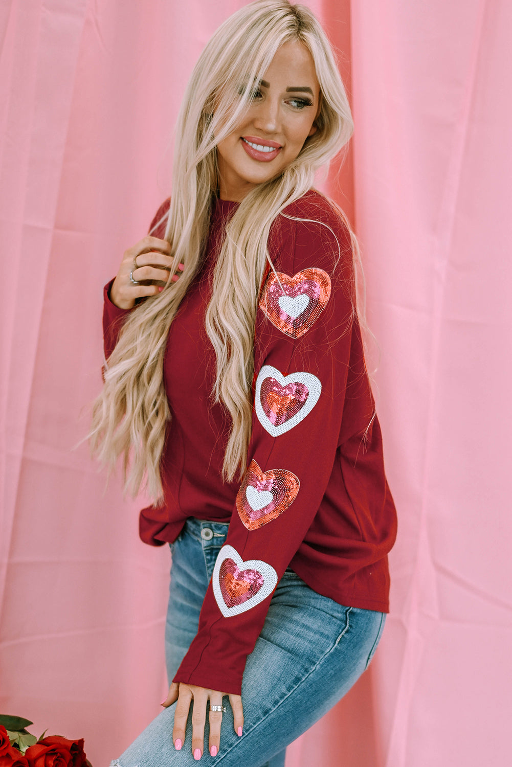 Red Solid Color Patchwork Long Sleeve Top