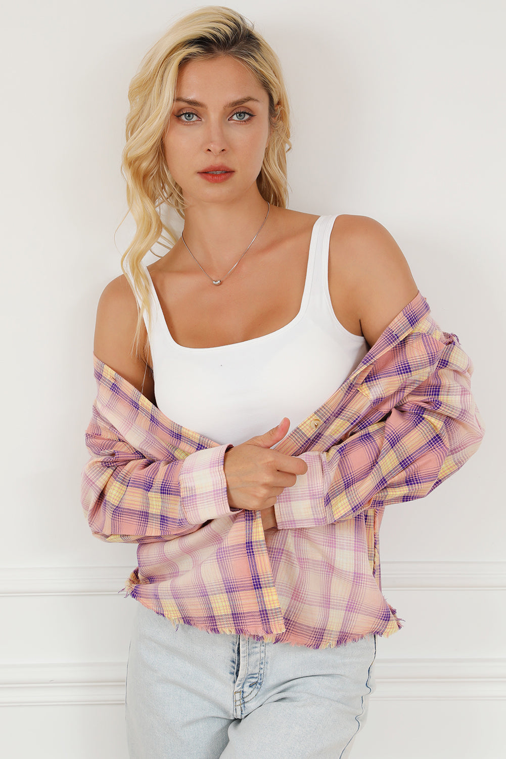 Purple Bleached Plaid Print Exposed Seam Shirt