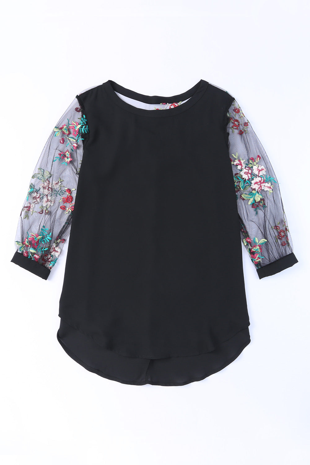 Blouse noire à manches brodées de fleurs