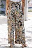 Multicolor Floral Print Shirred High Waist Wide Leg Casual Pants