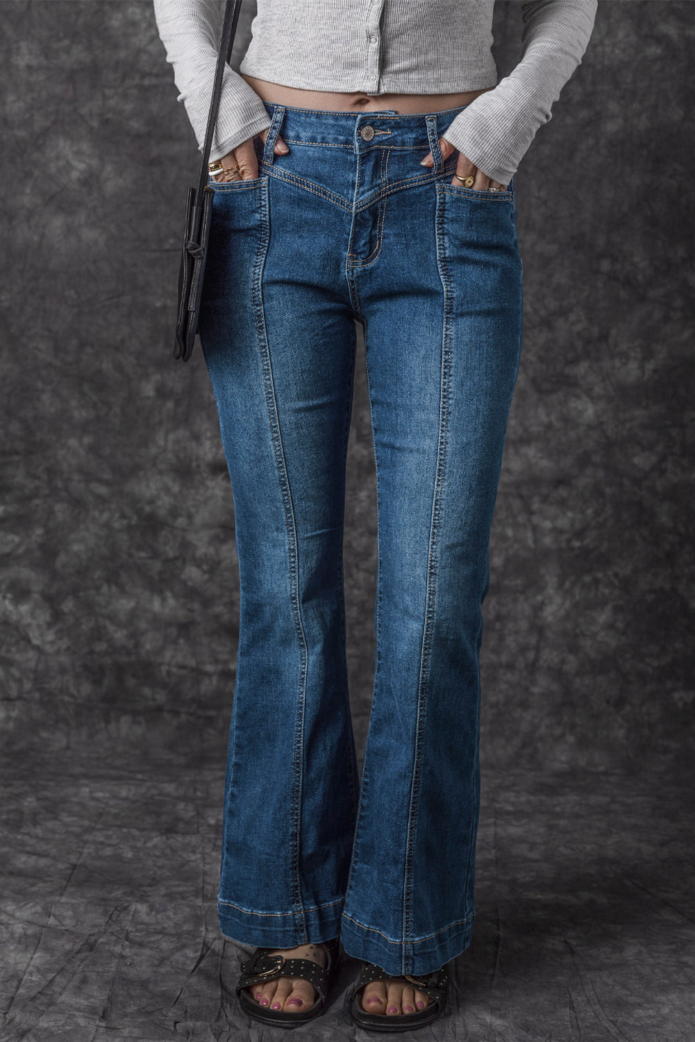 Blue High Waist Seam Stitching Pocket Flare Jeans