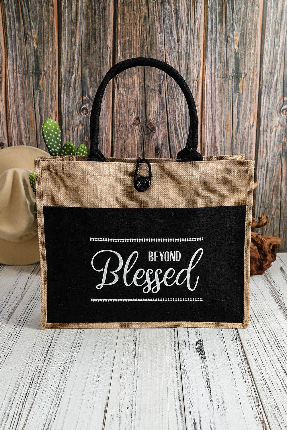 Black BEYOND Blessed Printed Vintage Burlap Bag