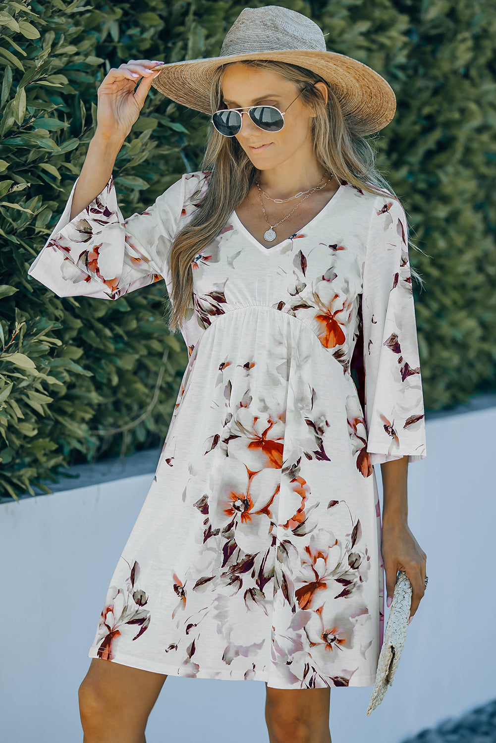 V Neck 3/4 Sleeve Floral Dress