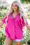 Bright Pink Lapel Neck Checkered Textured Short Sleeve Shirt