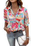 Abstract Geometry Print Half Puff Sleeve Loose Shirt