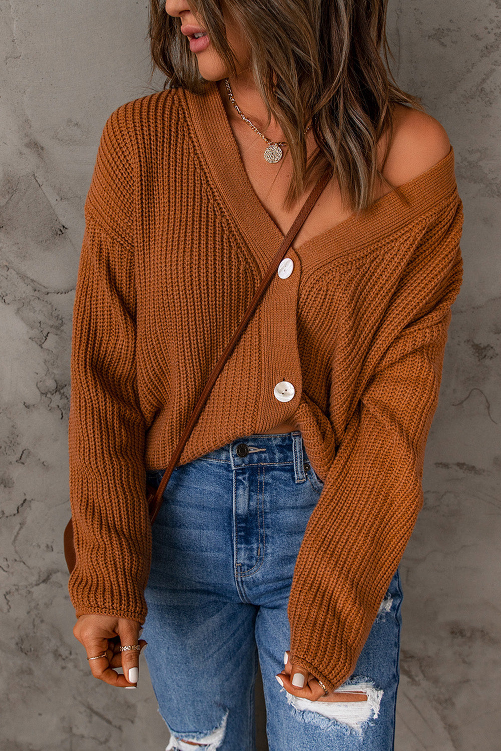 V Neck Drop Shoulder Buttons Cardigan