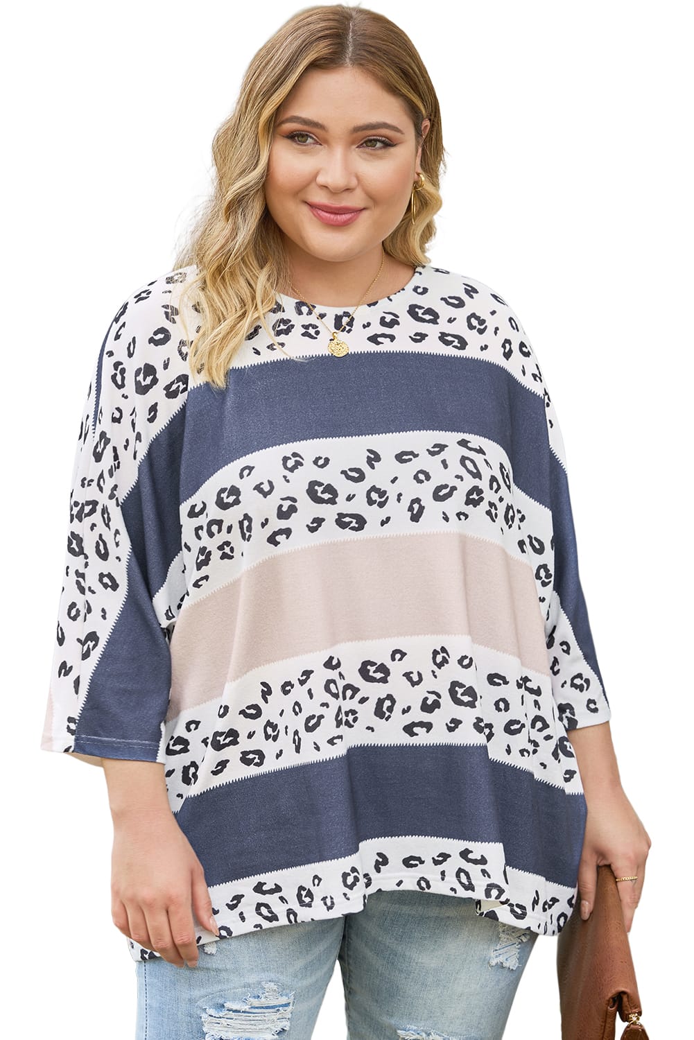 Plus Size Leopard Striped Color Block Oversized Top