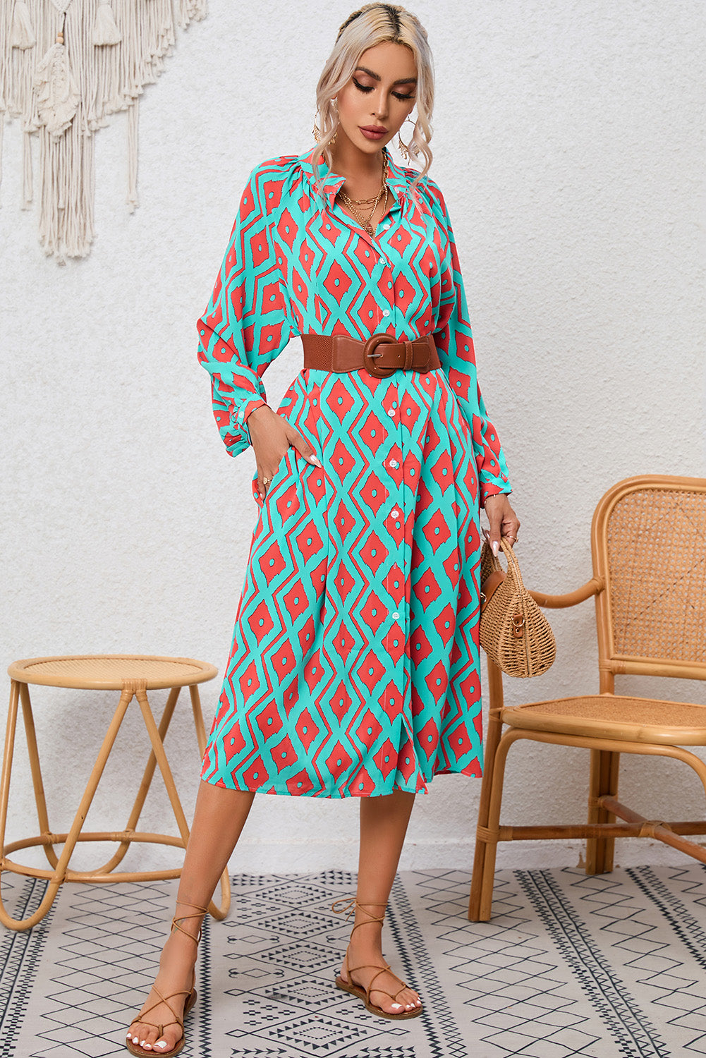 Western Geometric Print Split Buttoned Shirt Dress