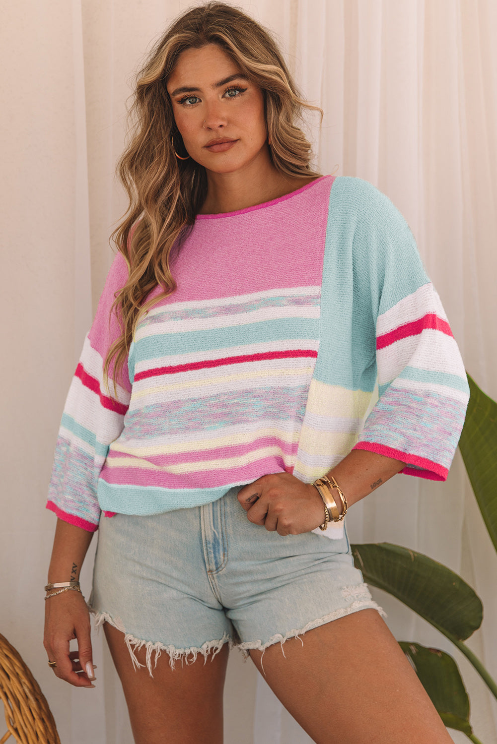 Color Block Striped Three-Quarter Sleeve Knitted Top