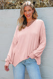 Orchid Petal Waffle V Neck Long Sleeve Drop Shoulder Loose Blouse