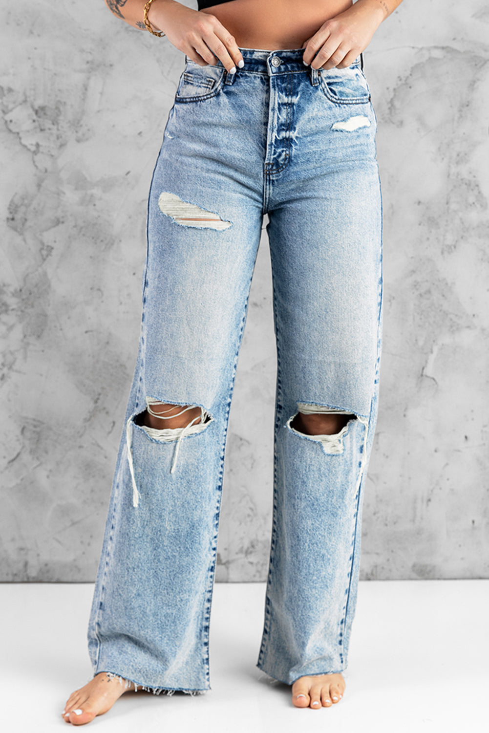 Distressed Hollow-out Knees Wide Leg Jeans