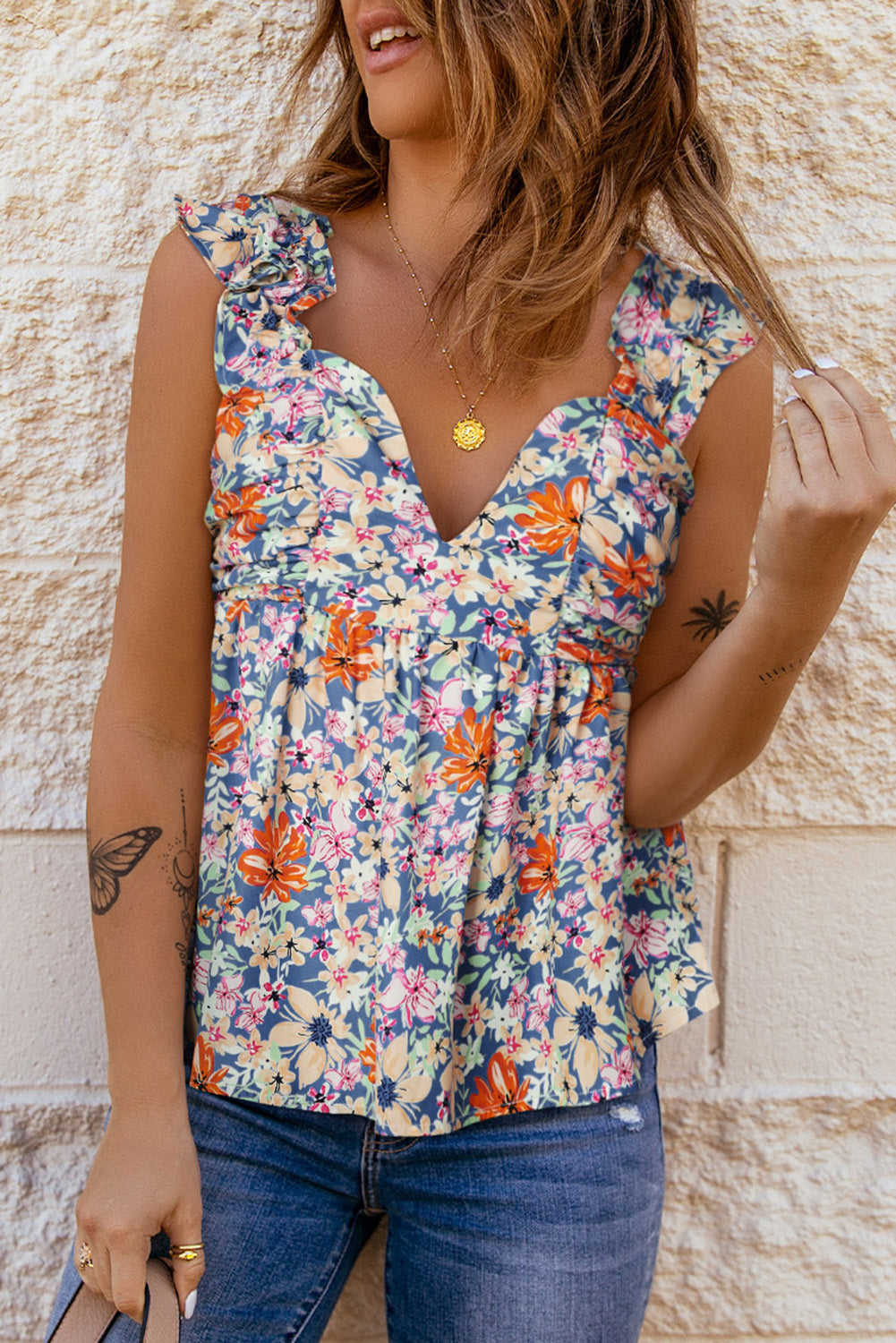 Floral Ruffle Straps Sweetheart Peplum Tank