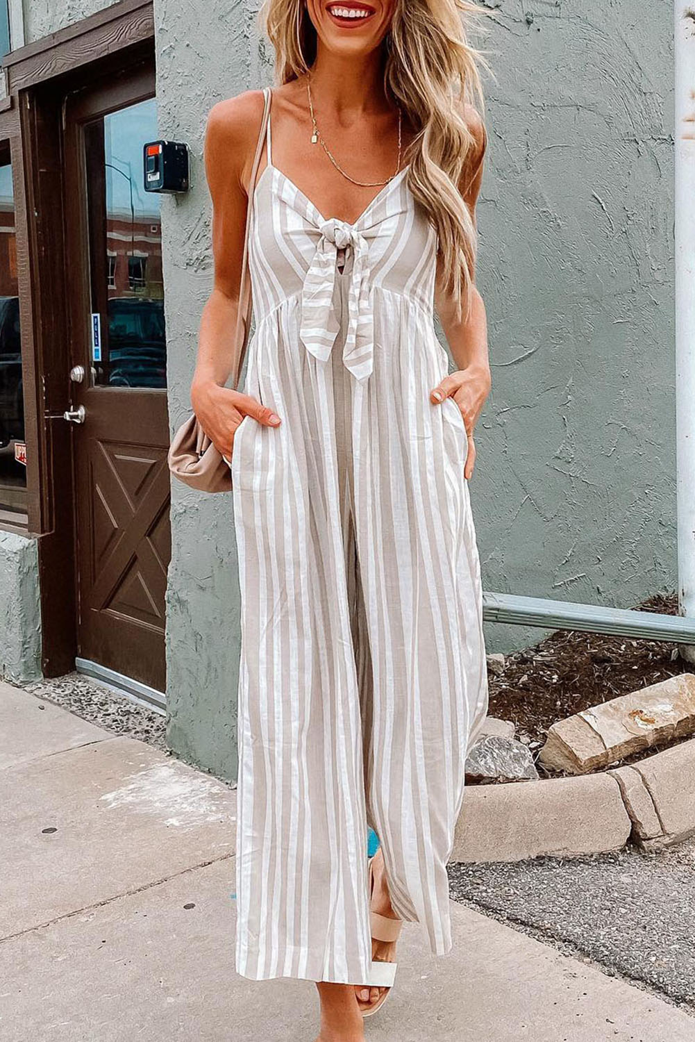 Front Knotted Striped Cropped Jumpsuit