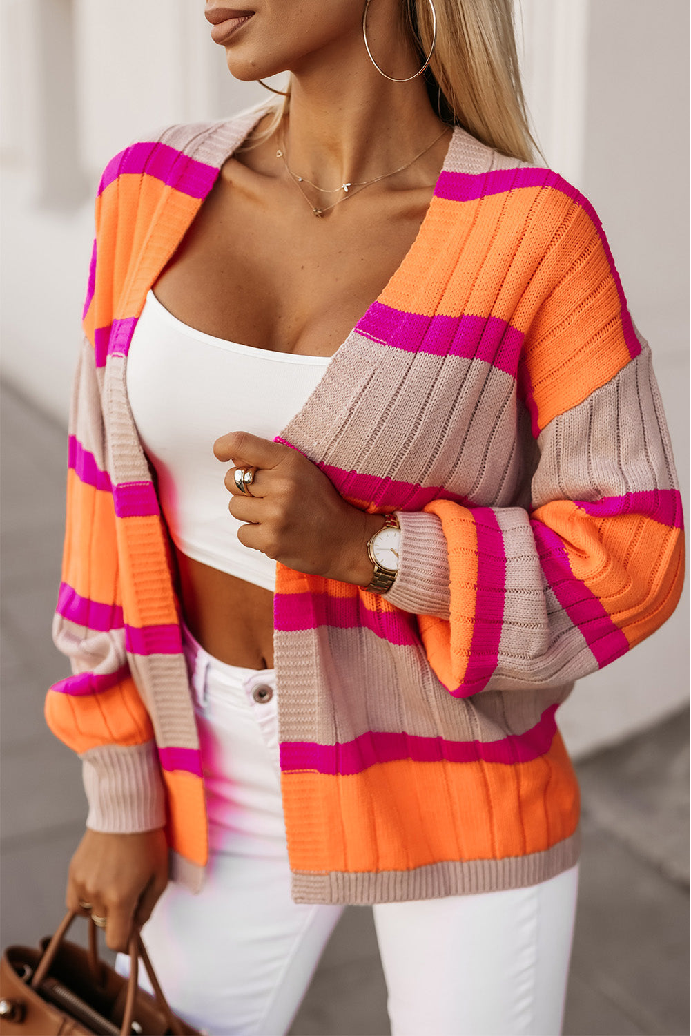 Striped Colorblock Drop Shoulder Slouchy Cardigan