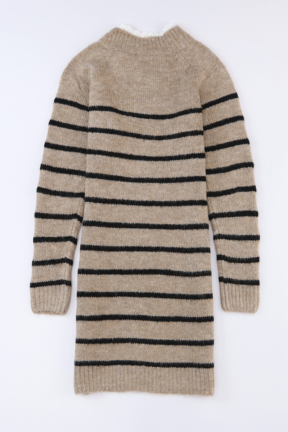 Striped Print Lace Neck Asymmetric Buttons Sweater Dress