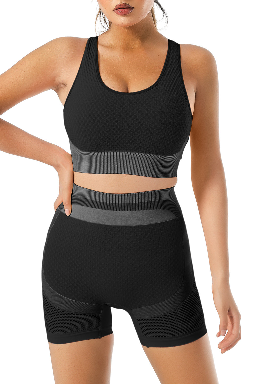 Soutien-gorge de sport croisé noir texturé à col en U