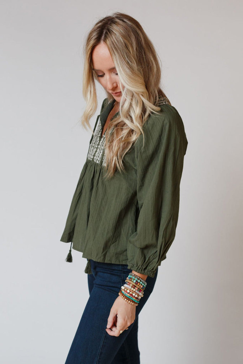 Embroidered Split Neck Pleated Loose Blouse