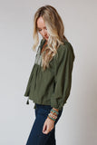 Embroidered Split Neck Pleated Loose Blouse