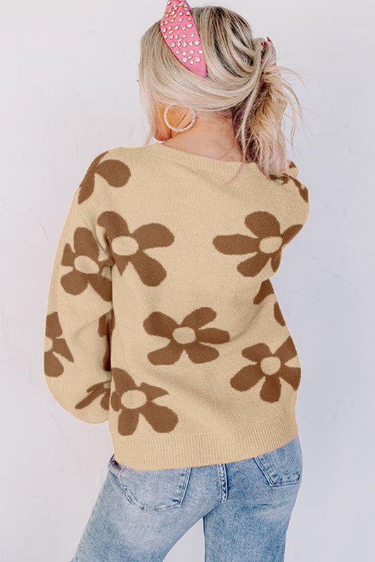 Parchment Big Flower Knit Ribbed Trim Sweater