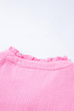 Pink Retro Frilled Seam Crinkle Puff Sleeve Blouse