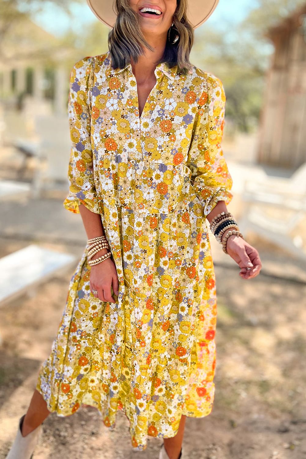 Multicolor Boho Floral Collared Long Sleeve Ruffled Dress