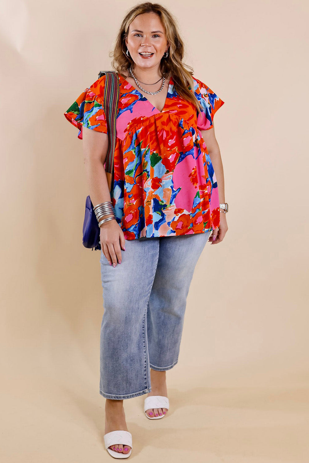 Abstract Print V Neck Flutter Sleeve Blouse