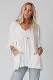 Lace V-Neck Bracelet Sleeve Ruffle Blouse