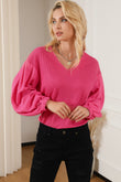 Rose Waffle Knit Balloon Sleeve Splicing V Neck Top