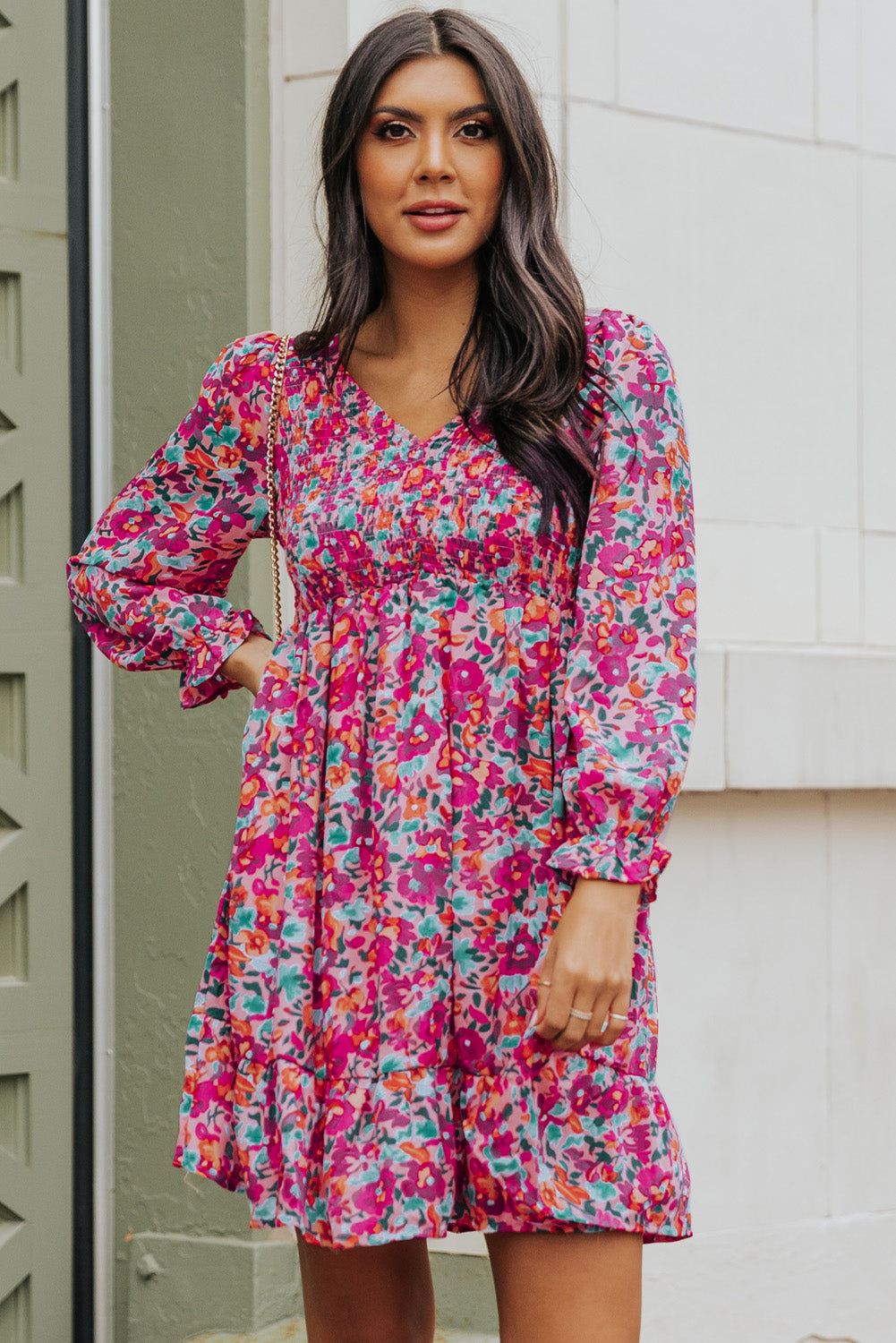 Smocked V Neck Puffy Sleeve Floral Dress