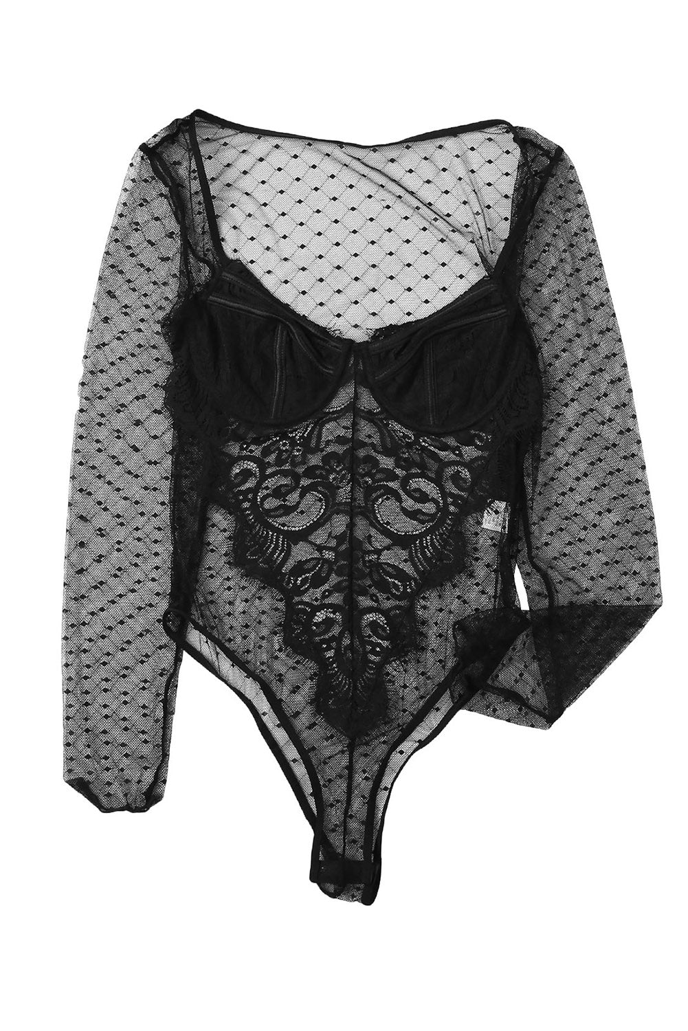 Body bralette noir en dentelle et maille à manches longues 