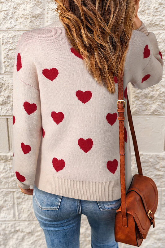 Heart Pattern Ribbed Trim Knit Sweater