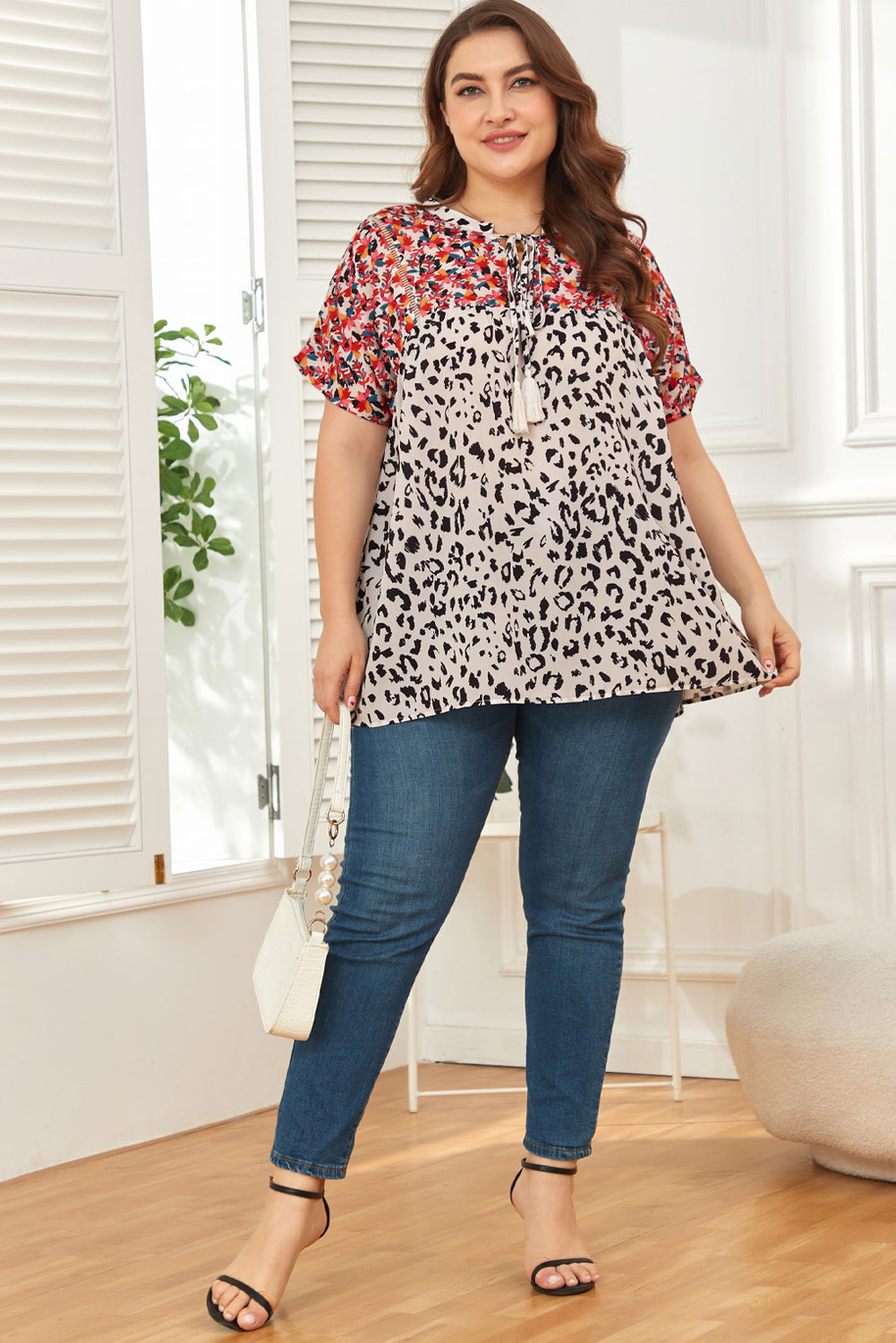 Plus Size Boho Print Short Sleeve Blouse